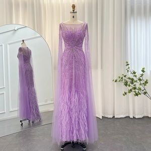 Sharon Said Luxury Dubai Lilac Feathers Evening Dresses with Cape Sleeves
